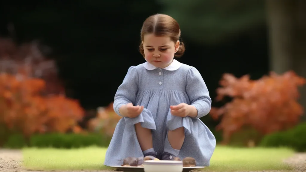 La principessa Charlotte si china a terra per raccogliere del cibo caduto e si chiede se